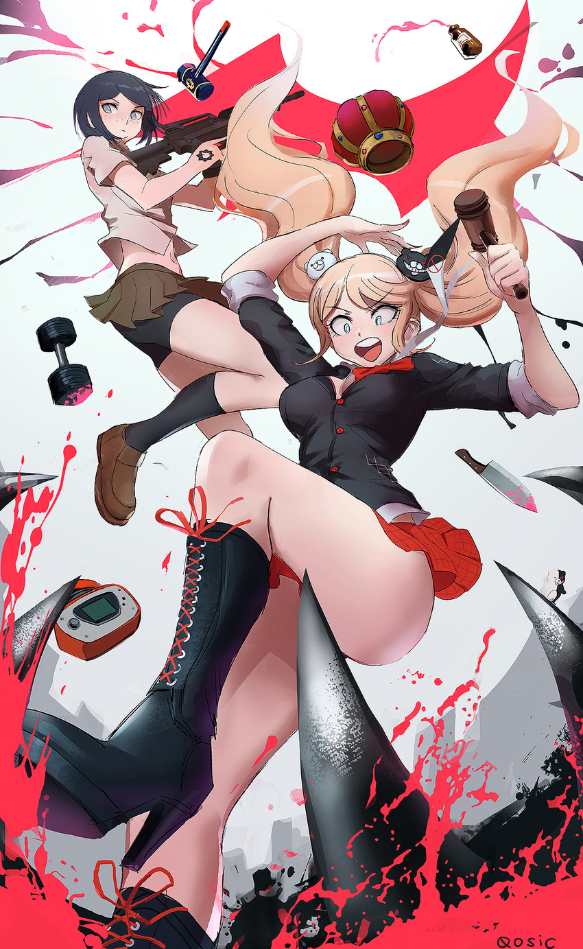 enoshima junko, monokuma, and ikusaba mukuro (danganronpa and 1 more) drawn by qosic