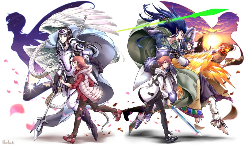 pixie, cu chulainn, quetzalcoatl, and male protagonist (shin megami tensei and 1 more) drawn by arano_hachi