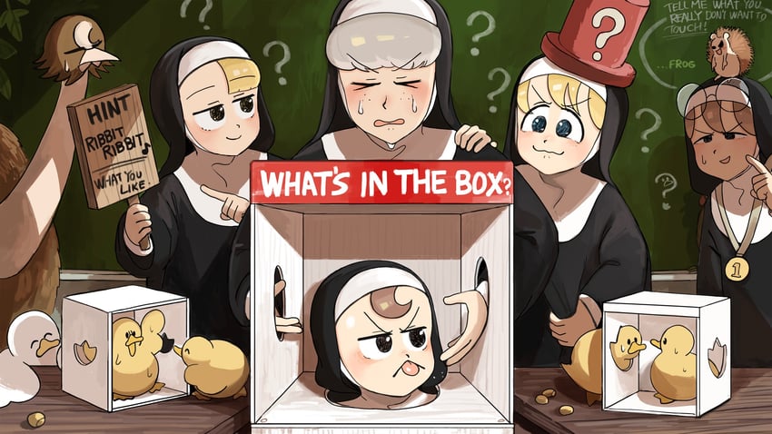 clumsy nun, froggy nun, spicy nun, sheep nun, and glasses nun (little nuns) drawn by diva_(hyxpk)