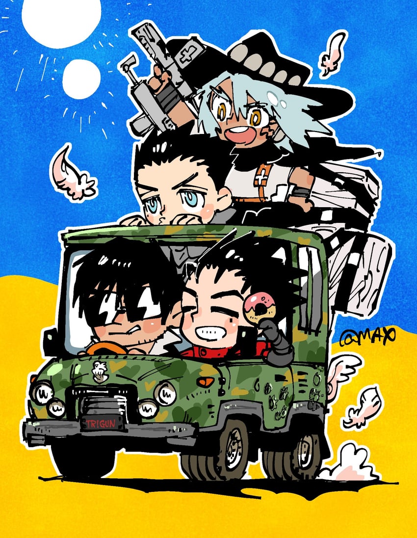 vash the stampede, nicholas d. wolfwood, millions knives, and livio the doublefang (trigun and 1 more) drawn by max801115