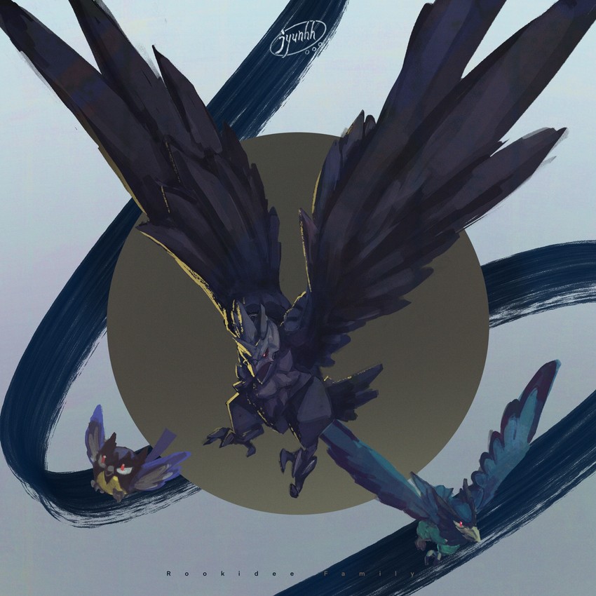 corviknight, rookidee, and corvisquire (pokemon) drawn by jyunhh
