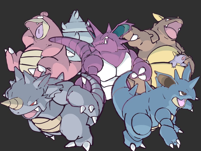 nidoking, slowbro, rhydon, kangaskhan, and nidoqueen (pokemon) drawn by tea_zatter