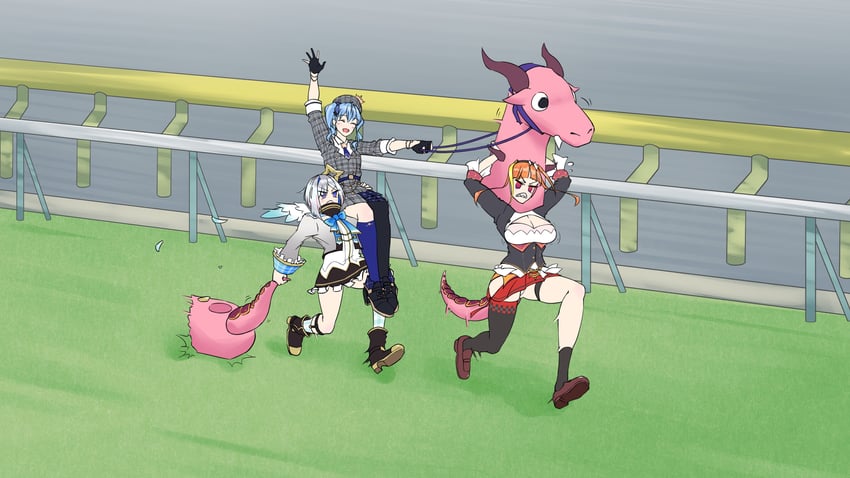 hoshimachi suisei, amane kanata, kiryu coco, and haribote elegy (hololive and 1 more) drawn by shriohalfarm