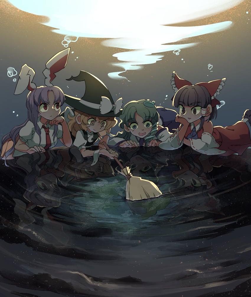 hakurei reimu, kirisame marisa, kochiya sanae, and reisen udongein inaba (touhou) drawn by monozu
