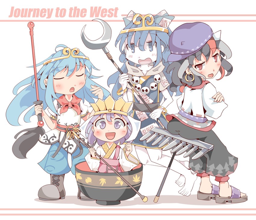 hinanawi tenshi, kijin seija, sukuna shinmyoumaru, yorigami shion, sun wukong, and 3 more (touhou and 1 more) drawn by keikou_ryuudou