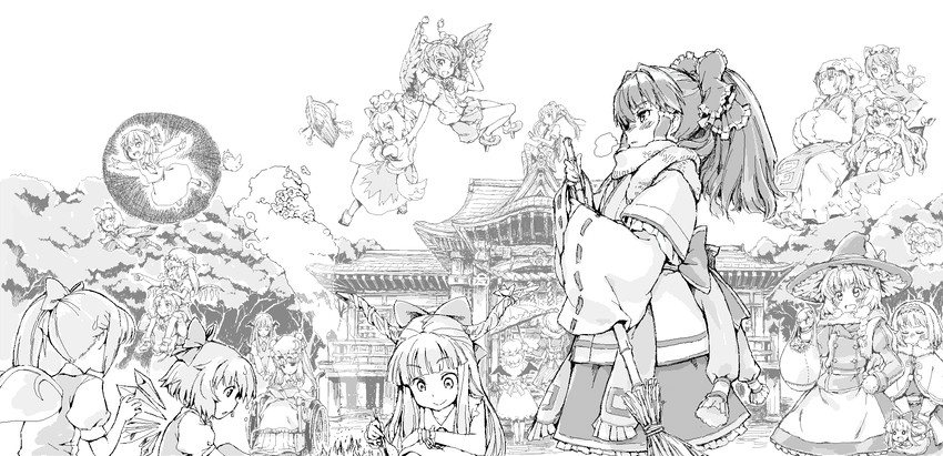 hakurei reimu, kirisame marisa, remilia scarlet, flandre scarlet, izayoi sakuya, and 19 more (touhou) drawn by hage