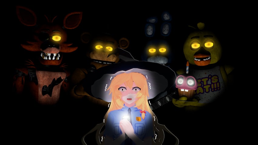 kirisame marisa, freddy fazbear, chica, bonnie, foxy, and 1 more (touhou and 2 more) drawn by satomu