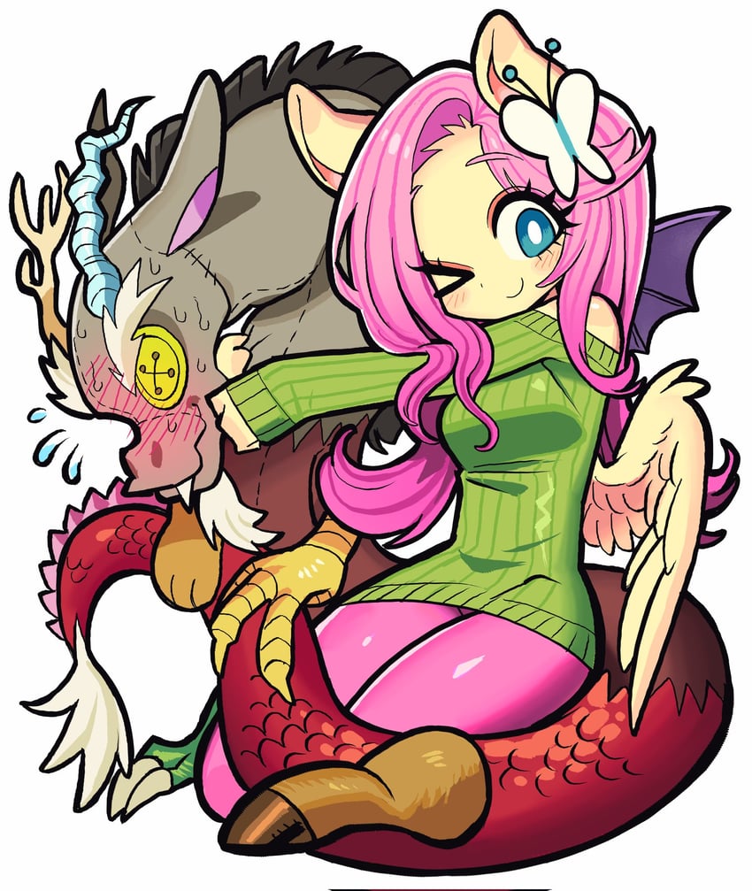 fluttershy and discord (my little pony and 1 more) drawn by kakke666