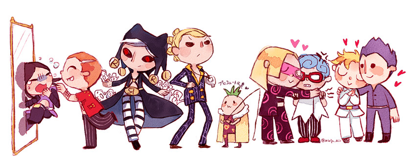 prosciutto, risotto nero, melone, ghiaccio, illuso, and 6 more (jojo no kimyou na bouken and 1 more) drawn by hatoyama_itsuru