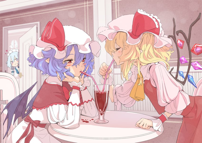 remilia scarlet, flandre scarlet, and izayoi sakuya (touhou) drawn by kawayabug