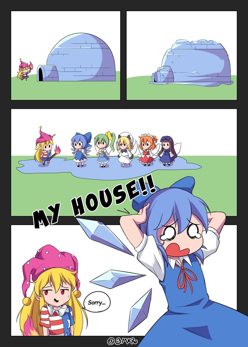 cirno, daiyousei, clownpiece, star sapphire, luna child, and 1 more (touhou and 1 more) drawn by bmkro