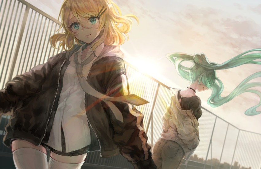 hatsune miku and kagamine rin (vocaloid) drawn by asahi_yuuji