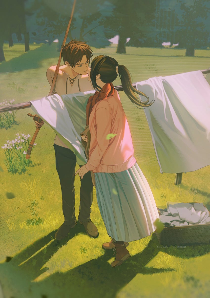 mikasa ackerman and eren yeager (shingeki no kyojin) drawn by niku_(ni23ku)