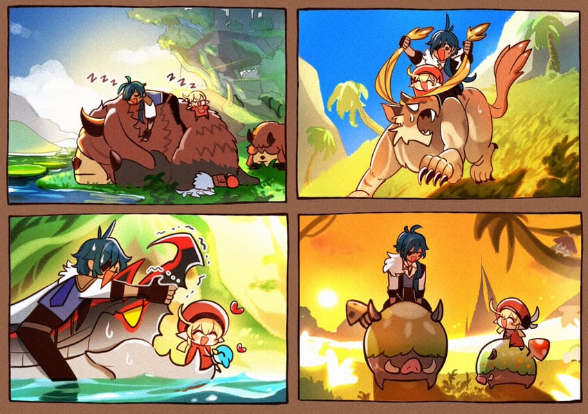 klee, kaeya, aranara, rishboland tiger, shroomboar, and 2 more (genshin impact) drawn by enpitsu01