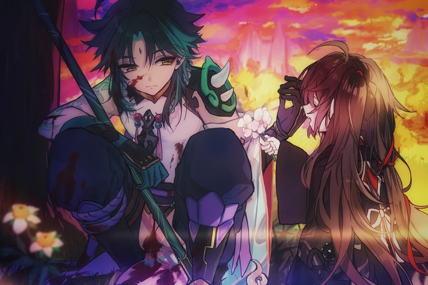 hu tao and xiao (genshin impact) drawn by hoshiyui_tsukino