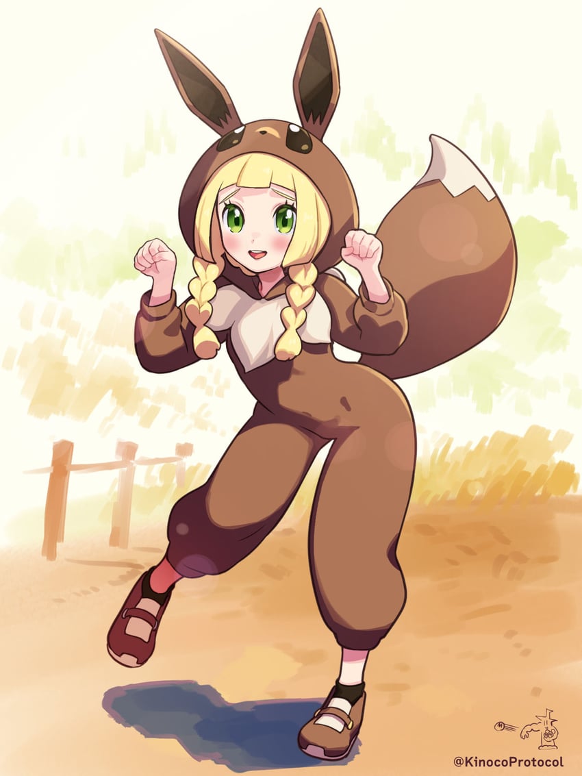 lillie, eevee, and poke kid (pokemon and 2 more) drawn by kinocopro