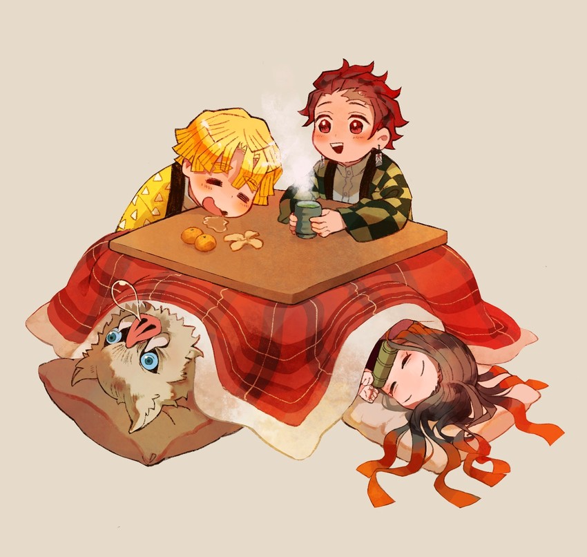 kamado nezuko, kamado tanjirou, agatsuma zenitsu, and hashibira inosuke (kimetsu no yaiba) drawn by hana_(h6n6_matsu)