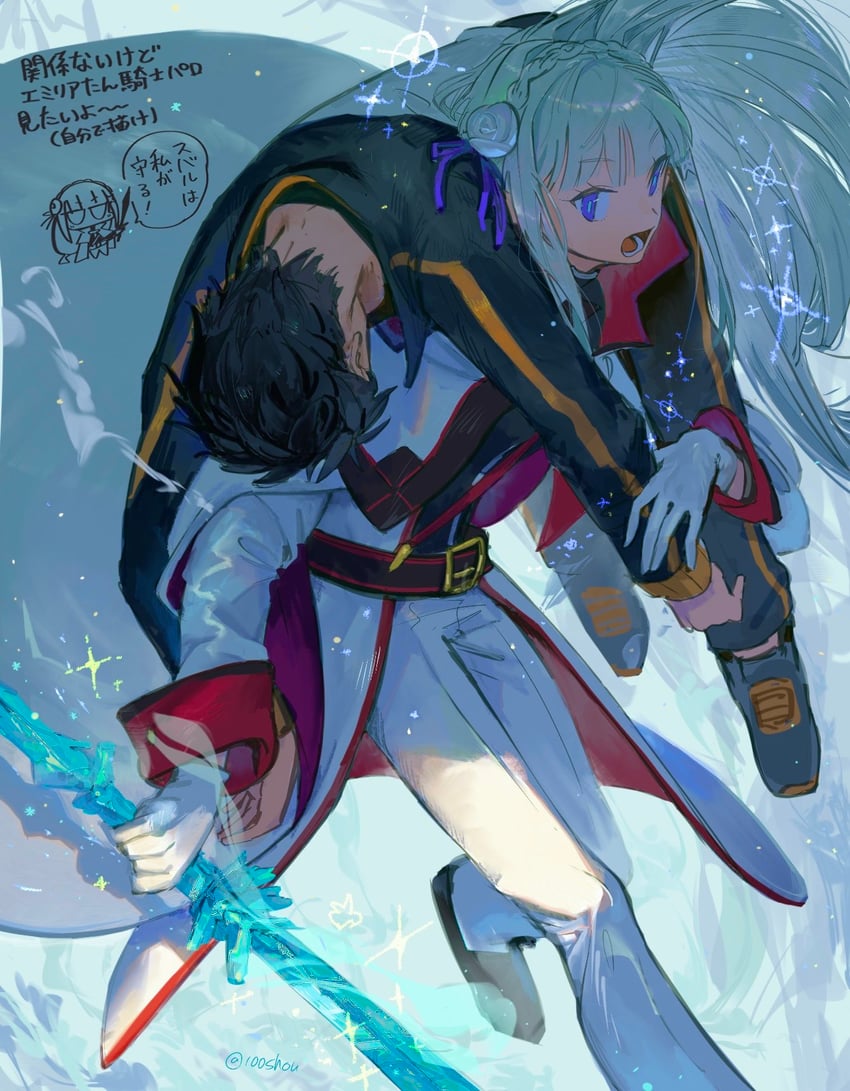 emilia and natsuki subaru (re:zero kara hajimeru isekai seikatsu) drawn by 100shou