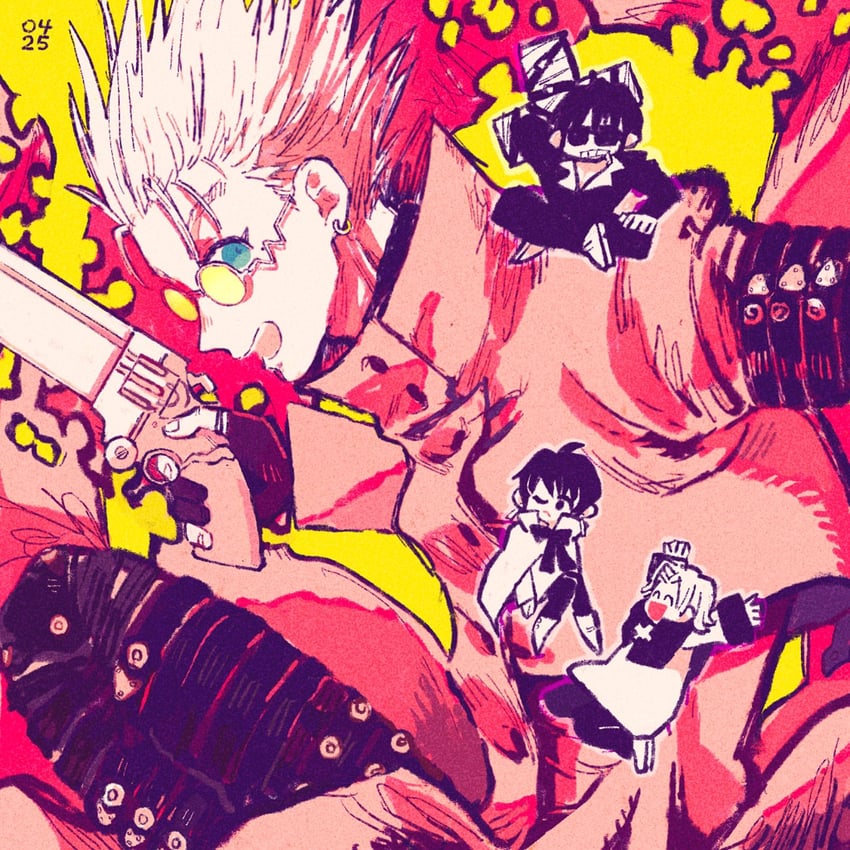 vash the stampede, nicholas d. wolfwood, meryl stryfe, and milly thompson (trigun) drawn by 31nqou