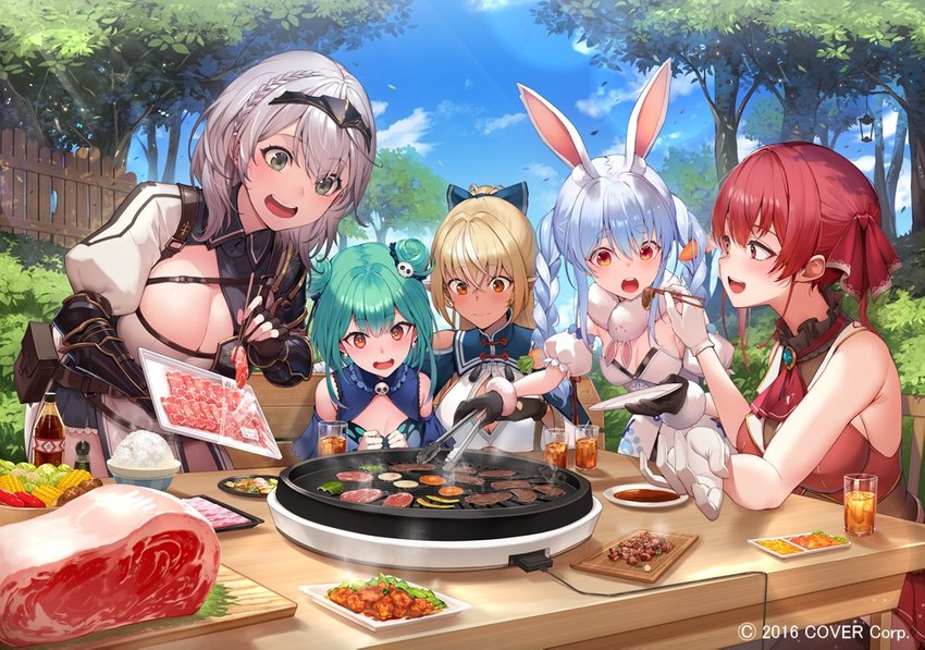 houshou marine, usada pekora, shirogane noel, uruha rushia, and shiranui flare (hololive) drawn by kakage