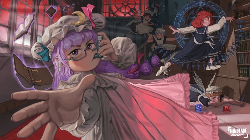 patchouli knowledge, koakuma, and fairy maid (touhou and 1 more) drawn by hindsart