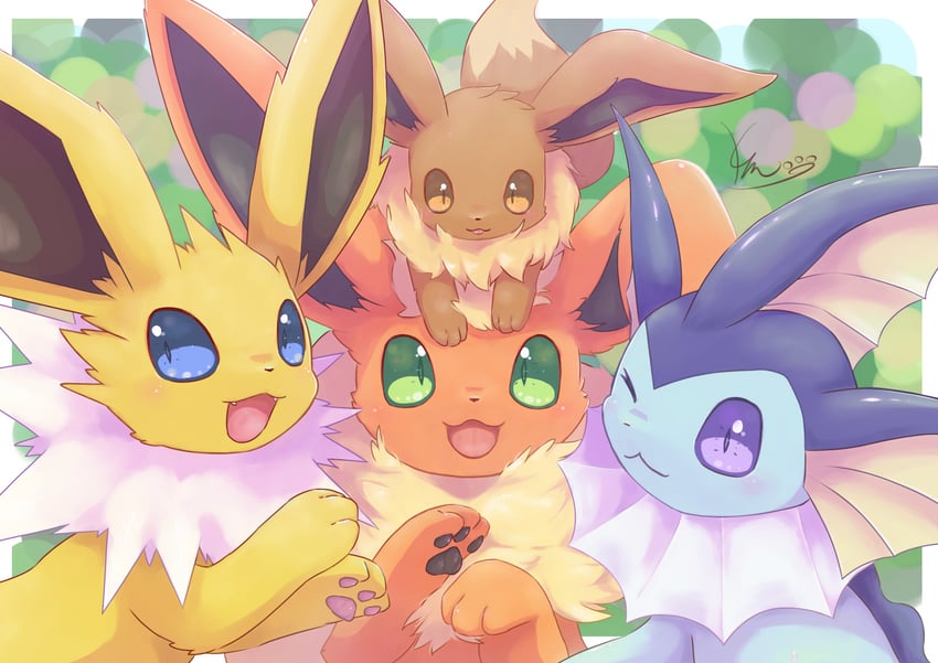 eevee, vaporeon, flareon, and jolteon (pokemon) drawn by komunyan