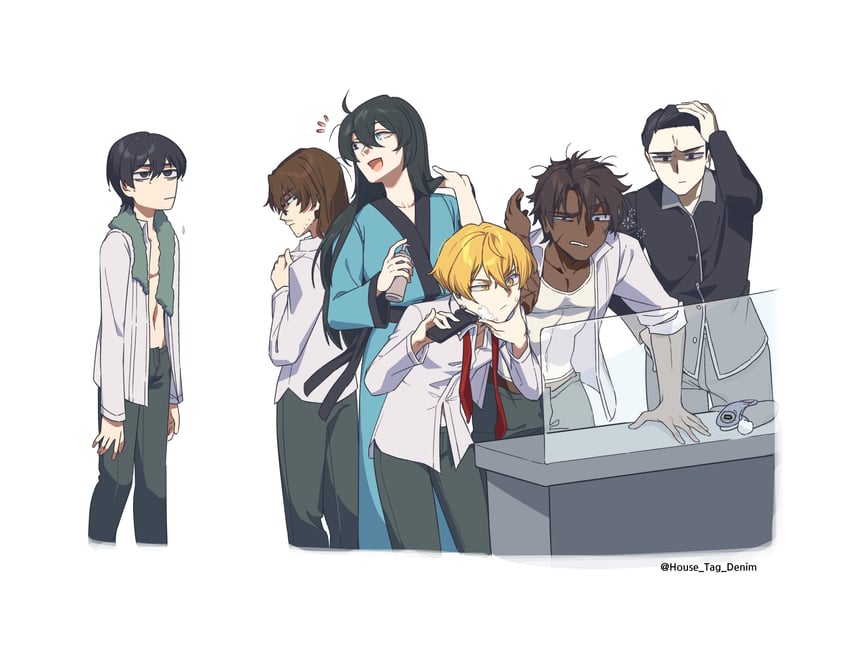 sinclair, yi sang, hong lu, heathcliff, meursault, and 1 more (project moon and 1 more) drawn by house_tag_denim