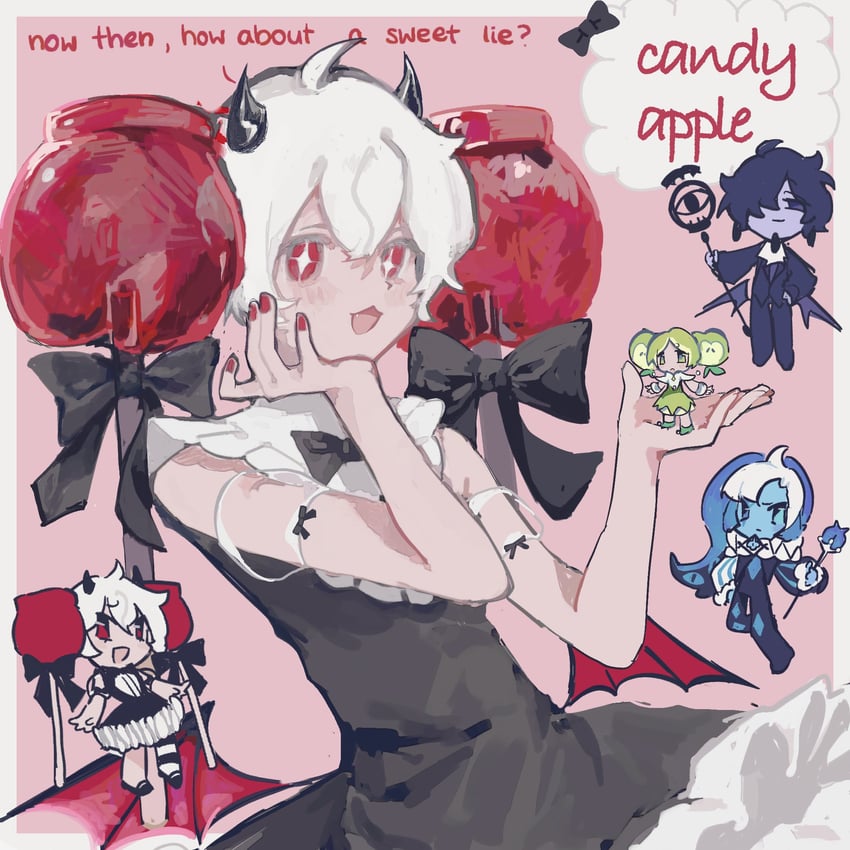 shadow milk cookie, candy apple cookie, black sapphire cookie, and apple faerie cookie (cookie run and 1 more) drawn by piemy