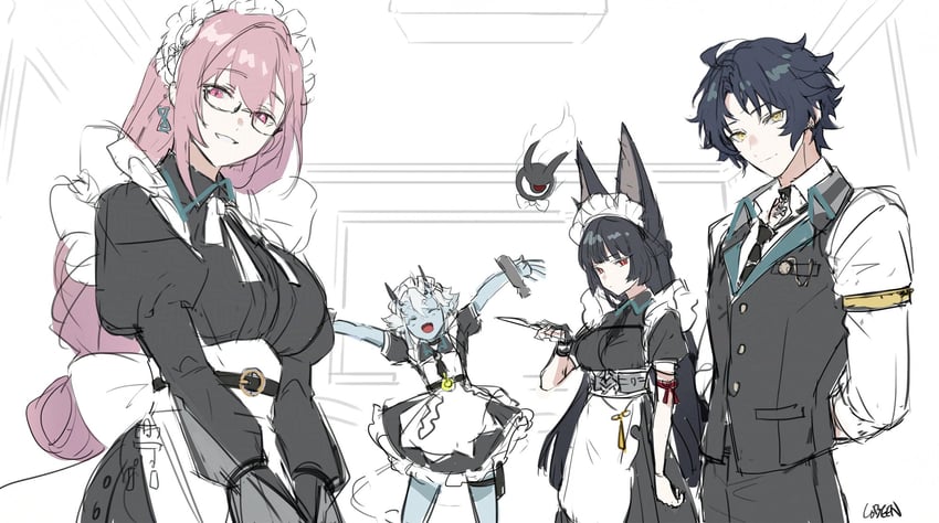 hoshimi miyabi, tsukishiro yanagi, soukaku, asaba harumasa, and tailless (zenless zone zero) drawn by cobeen