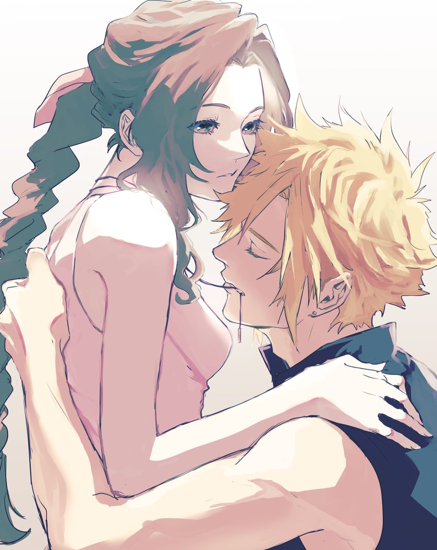 cloud strife and aerith gainsborough (final fantasy and 3 more) drawn by demi_co