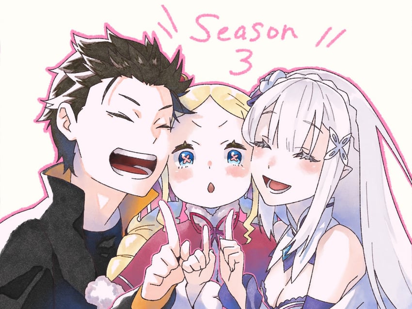 emilia, natsuki subaru, and beatrice (re:zero kara hajimeru isekai seikatsu) drawn by kabane_(follabi)