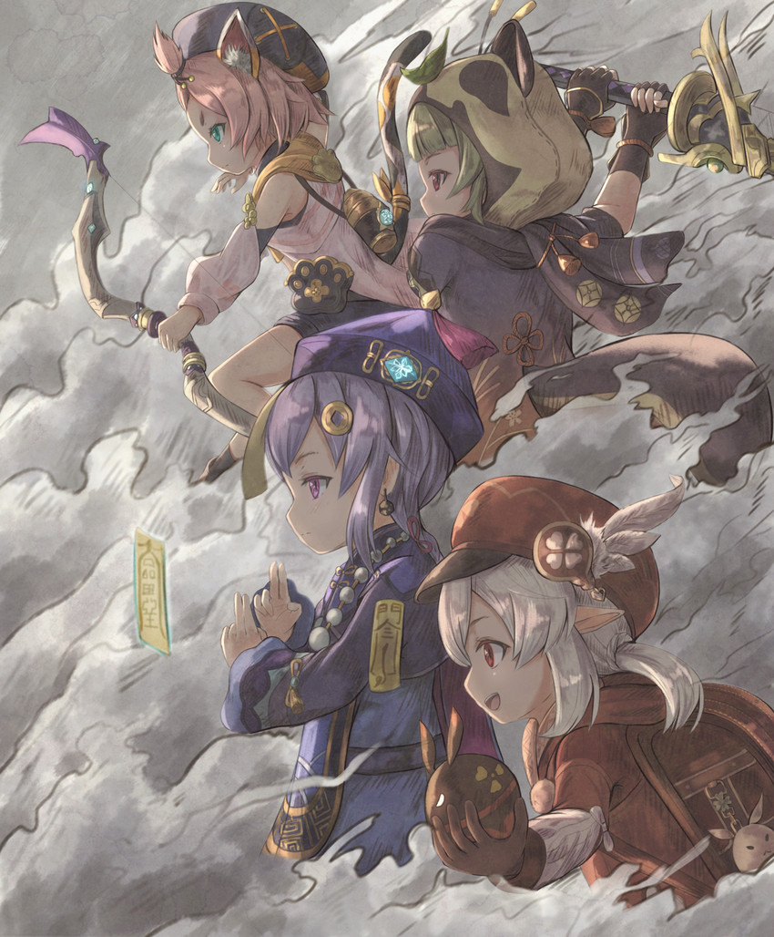 klee, qiqi, dodoco, jumpy dumpty, diona, and 1 more (genshin impact) drawn by hikari_niji