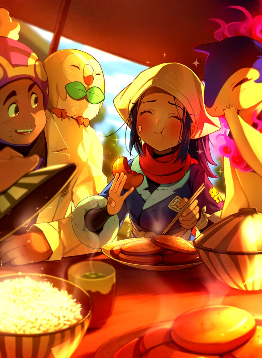 akari, rowlet, typhlosion, hisuian typhlosion, and professor laventon (pokemon and 1 more) drawn by eudetenis
