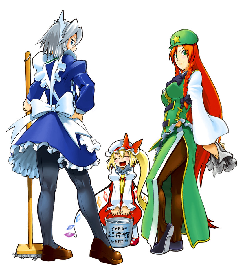 flandre scarlet, izayoi sakuya, and hong meiling (touhou) drawn by kagehito