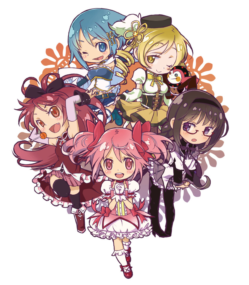 akemi homura, kaname madoka, miki sayaka, sakura kyoko, tomoe mami, and 1 more (mahou shoujo madoka magica) drawn by mori_obi