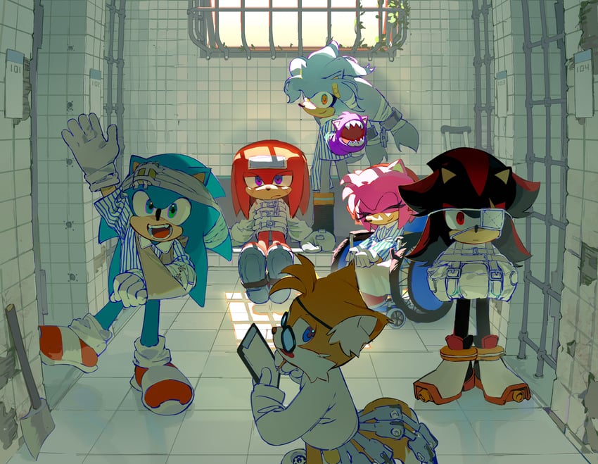 sonic the hedgehog, shadow the hedgehog, amy rose, tails, knuckles the echidna, and 2 more (sonic) drawn by dongbomu