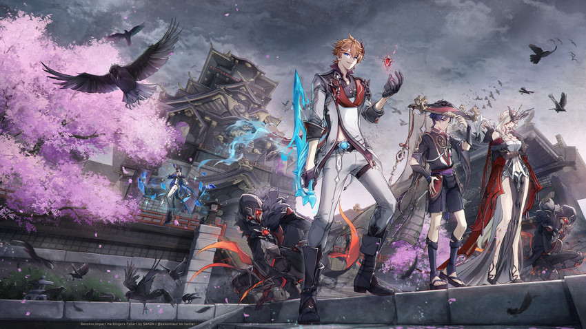 scaramouche, tartaglia, signora, mirror maiden, and fatui pyro agent (genshin impact) drawn by sakon04
