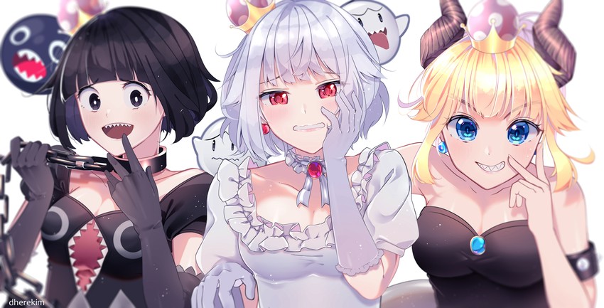 bowsette, princess king boo, boo, chain chomp, and princess chain chomp (mario and 2 more) drawn by dherekim