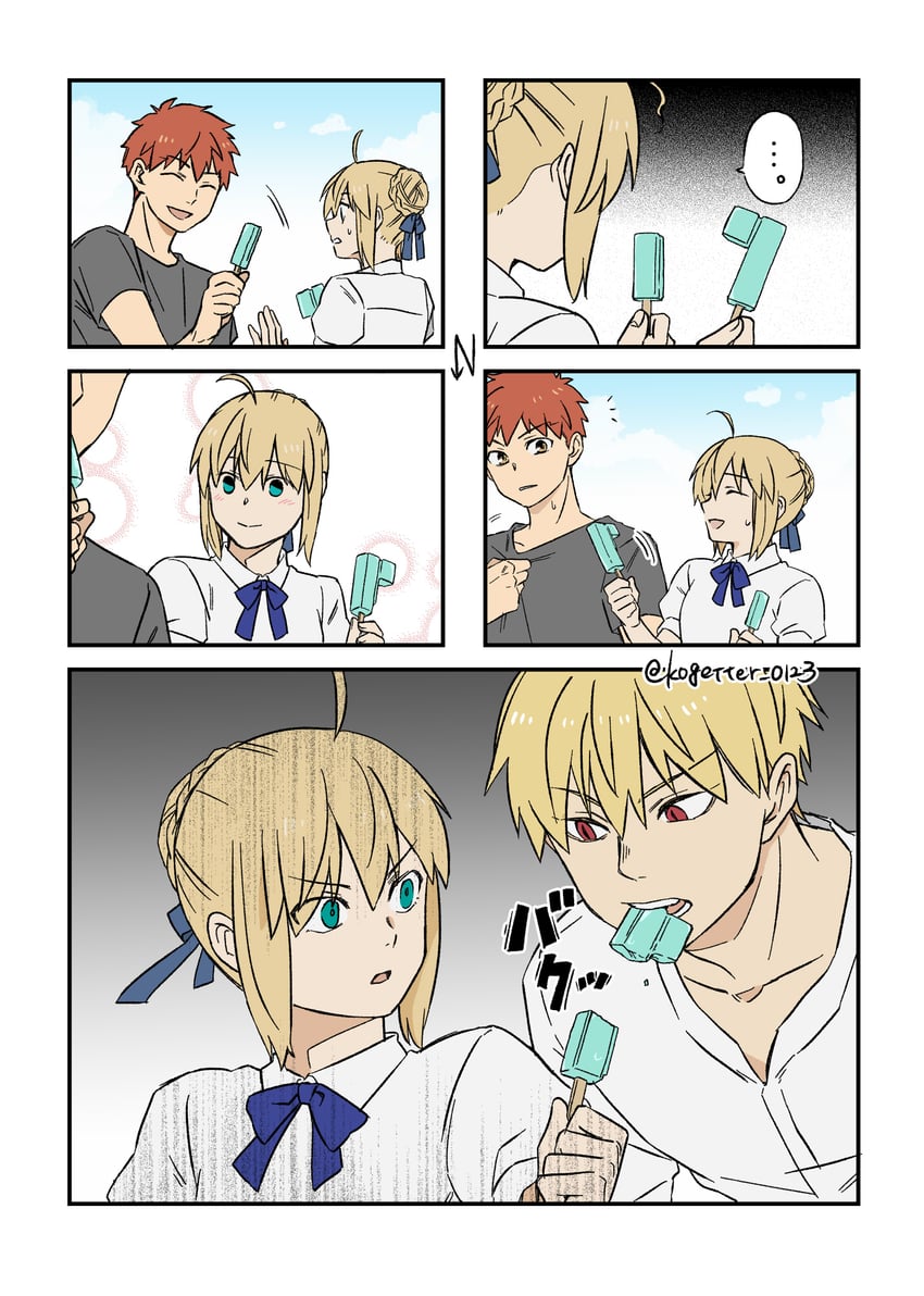 artoria pendragon, saber, gilgamesh, and emiya shirou (fate and 1 more) drawn by moonlight_0423