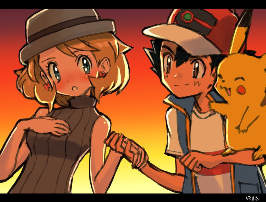 pikachu, ash ketchum, and serena (pokemon and 1 more) drawn by dakusuta