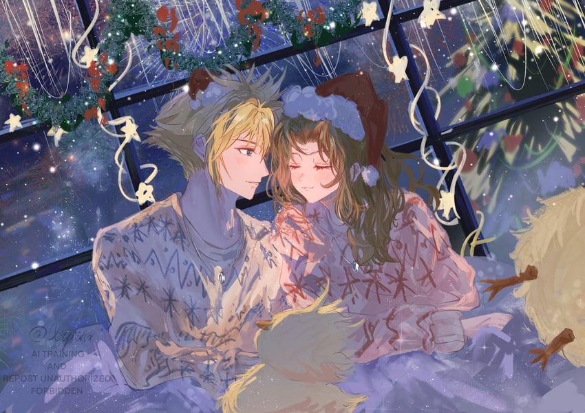 cloud strife and aerith gainsborough (final fantasy and 3 more) drawn by ximingpi