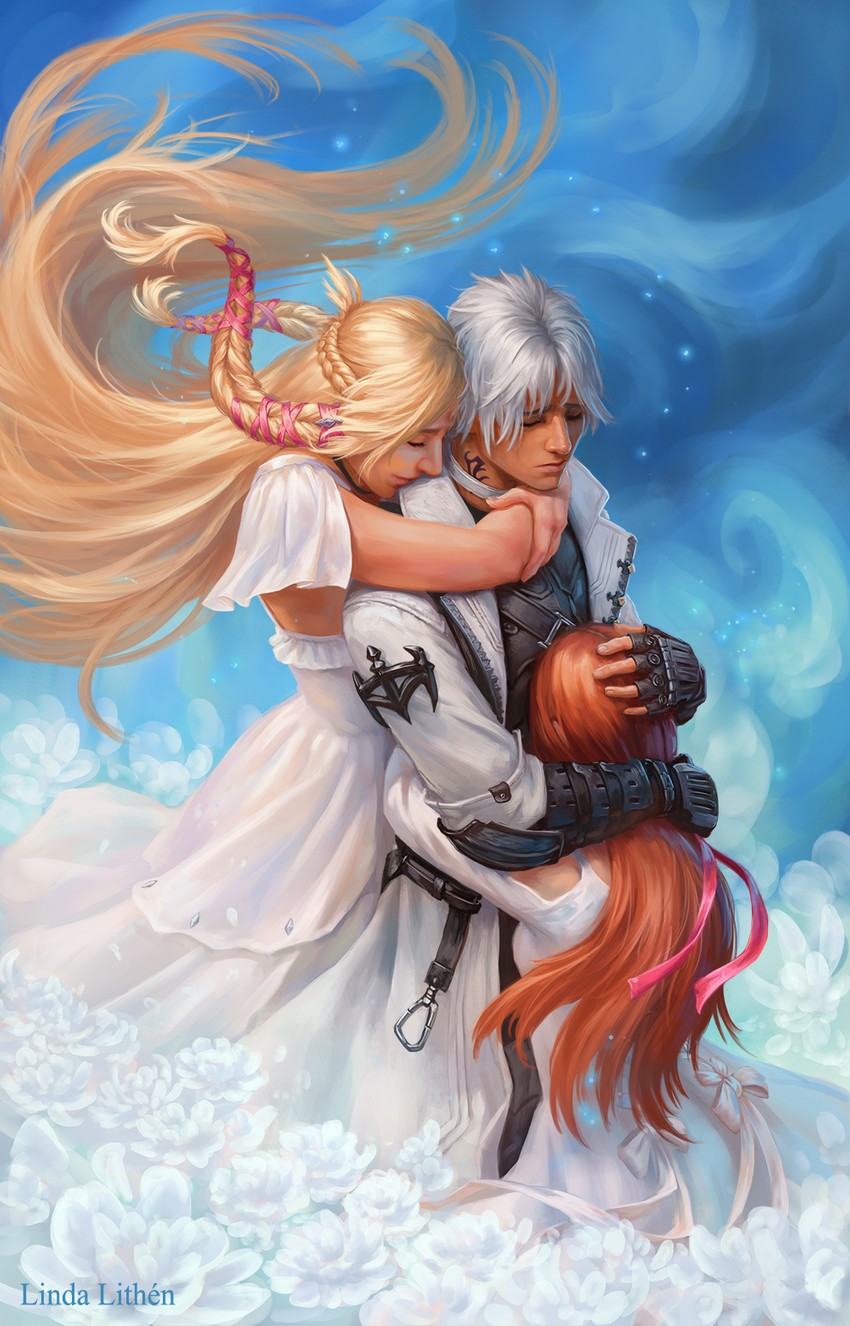 ryne waters, thancred waters, and minfilia warde (final fantasy and 1 more) drawn by linda_lithen