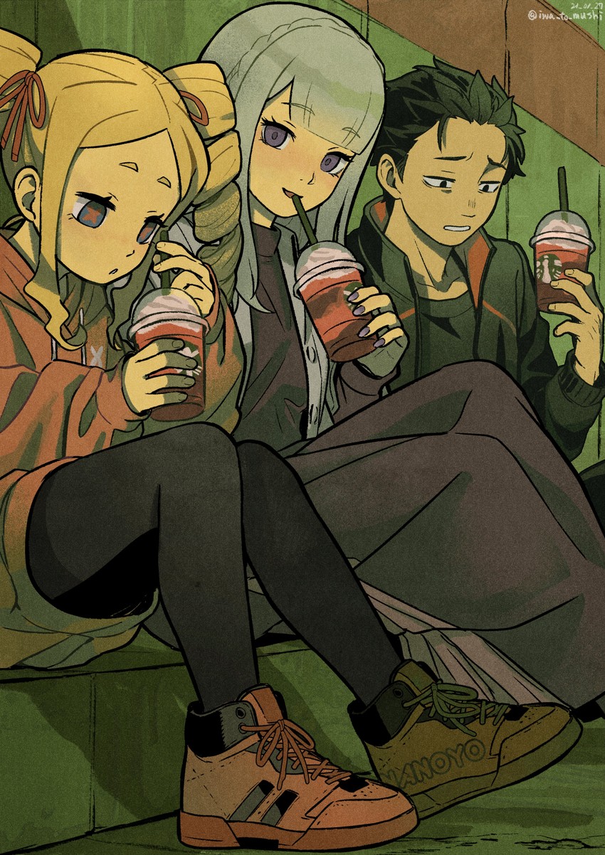 emilia, natsuki subaru, and beatrice (re:zero kara hajimeru isekai seikatsu) drawn by iwamushi