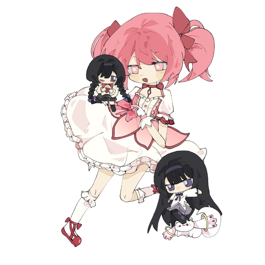 akemi homura, kaname madoka, and kyubey (mahou shoujo madoka magica) drawn by a_wuqi