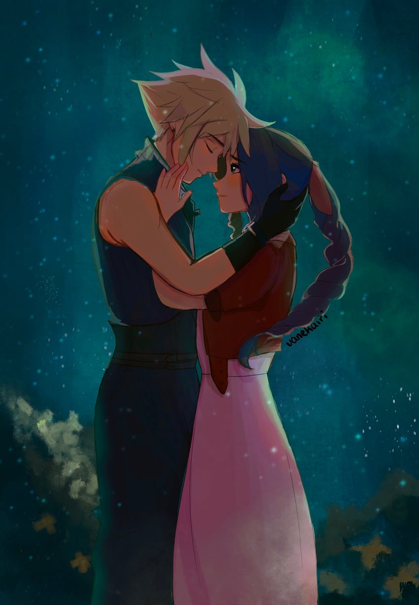 cloud strife and aerith gainsborough (final fantasy and 2 more) drawn by vanekairi