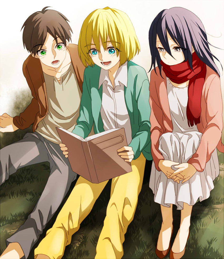 mikasa ackerman, eren yeager, and armin arlert (shingeki no kyojin) drawn by yoshitaro_(almendra)