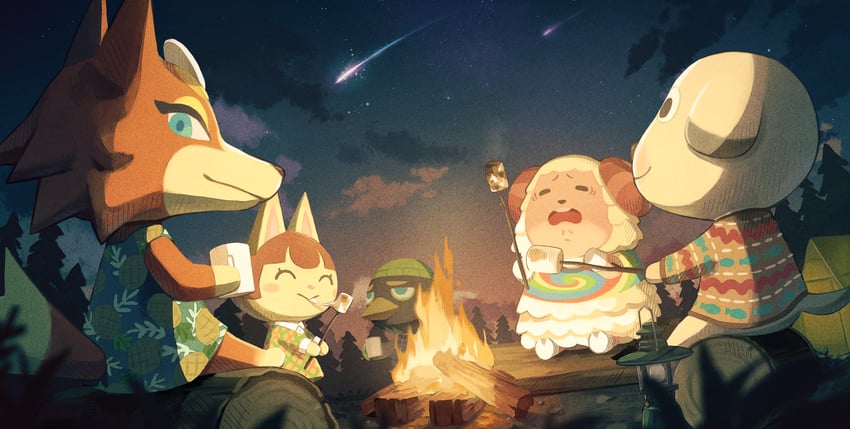 audie, dom, felicity, jacques, and bones (animal crossing) drawn by saino_misaki