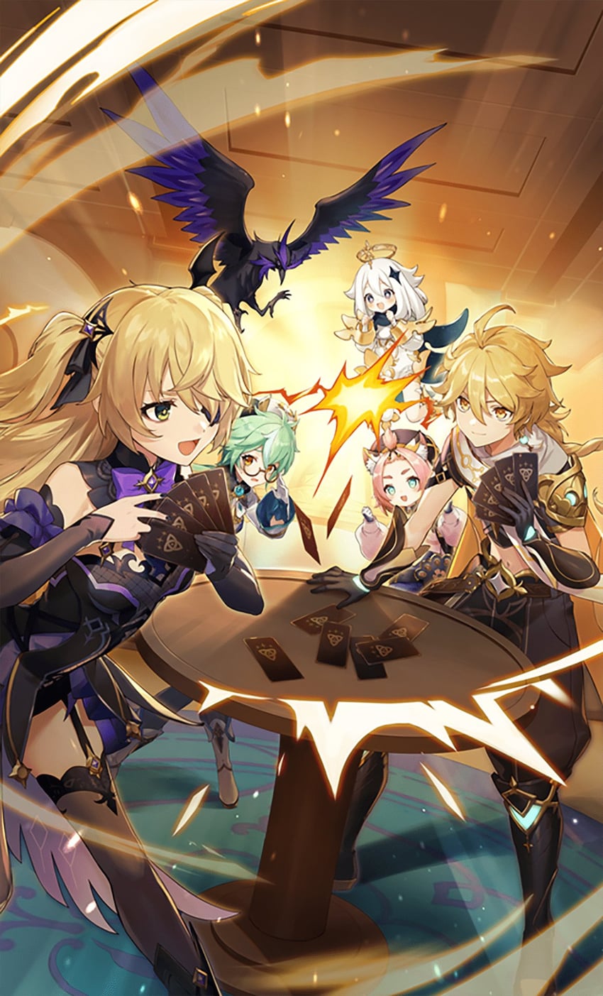 aether, paimon, fischl, diona, sucrose, and 1 more (genshin impact)