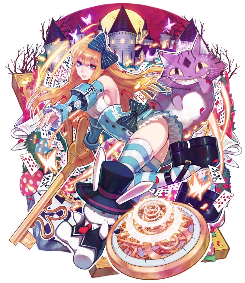 alice, white rabbit, and cheshire cat (alice's adventures in wonderland) drawn by doku-chan_(dokkudokudoku)