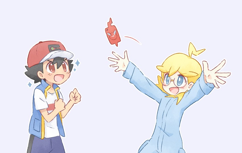 ash ketchum, rotom, rotom phone, and clemont (pokemon and 2 more) drawn by akasaka_(qv92612)